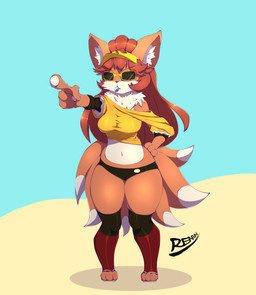 anthro breasts clothing eyewear female gesture glasses hand_gesture hat headgear headwear leggings legwear lifeguard medium_breasts multi_tail oversized_clothing panties pointing solo sunglasses tail thick_thighs underwear whistle_(object) renin_(artist) nintendo pokemon valeria_(krixzenz) canid canine fox generation_1_pokemon mammal pokemon_(species) vulpix absurd_res hi_res