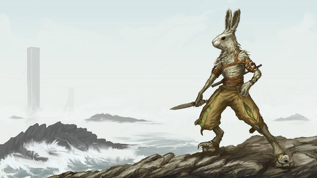anthro dagger detailed_background male melee_weapon outside realistic sea seaside shore sky solo warrior water weapon aubrey_serr overgrowth lagomorph leporid mammal rabbit detailed official_art