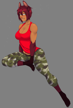 barefoot big_breasts bottomwear breasts camo camo_bottomwear camo_clothing camo_pants camo_print claws cleavage clothed clothed_female clothed_humanoid clothing feet female female_humanoid gloves_(marking) green_eyes hair leg_markings markings open_mouth pants pattern_bottomwear pattern_clothing pattern_pants red_clothing red_hair red_shirt red_tank_top red_topwear shirt socks_(marking) solo tan_body tank_top text toe_claws topwear bitesize_art animal_humanoid canid canid_humanoid canine canine_humanoid fox_humanoid humanoid mammal mammal_humanoid absurd_res full-length_portrait hi_res portrait url watermark