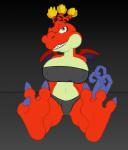 3_toes anthro biped breasts countershade_torso countershading feet female foot_focus green_eyes grey_background hair looking_at_viewer navel non-mammal_breasts ponytail red_body red_skin sharp_teeth simple_background sitting soles solo teeth toes haiku_oezu mario_bros mythology nintendo paper_mario hooktail dragon mythological_creature mythological_scalie scalie absurd_res hi_res