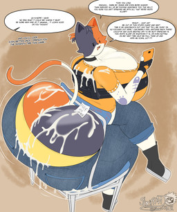 anthro big_breasts big_butt big_penis bodily_fluids bottomwear bottomwear_down breasts brown_background butt butt_cleavage chair cleavage clothed clothing cum cum_on_breasts cum_on_butt denim denim_bottomwear denim_clothing dialogue electronics female furniture genital_fluids genitals group huge_breasts huge_butt hyper hyper_breasts hyper_butt jeans looking_back oblivious on_chair panties pants pants_down partially_clothed penis phone profanity recording simple_background sitting sitting_on_chair solo speech_bubble text thick_thighs through_chair underwear masterj291 epic_games fortnite cate_meowdy domestic_cat felid feline felis mammal 2025 digital_media_(artwork) english_text hi_res