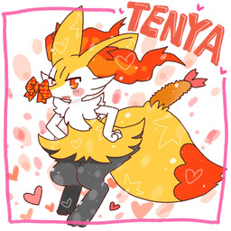 ambiguous_anthro ambiguous_gender anthro biped bow_ribbon cute_fangs digitigrade dipstick_tail fangs food front_view hands_on_hips heart_symbol leaning leaning_forward looking_at_viewer markings object_in_tail open_:3 open_mouth open_smile shrimp_(food) silly simple_background smile snout solo standing tail tail_markings teeth three-quarter_view annyui0611 nintendo pokemon braixen canid generation_6_pokemon mammal pokemon_(species) 1:1 2022 digital_drawing_(artwork) digital_media_(artwork) full-length_portrait hi_res japanese_description portrait translated_description