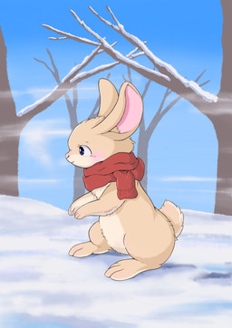 3_toes ambiguous_gender anthro blue_eyes blush day detailed_background feet fur mostly_nude multicolored_body multicolored_fur outside pink_nose plant red_scarf scarf semi-anthro short_tail sky snow solo tail tan_body tan_fur toes tree two_tone_body two_tone_fur winter fusau lagomorph leporid mammal rabbit 2022 absurd_res detailed hi_res