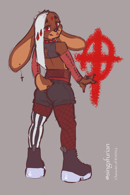 alternative_fashion anthro armwear blep boots bottomwear clothing crop_top cross ear_piercing femboy fishnet_clothing footwear goth hair happy leggings legwear long_ears long_hair looking_at_viewer male nails piercing red_eyes shirt shoes shorts smile solo tongue tongue_out topwear conditional_dnp singafurian liz_(radaq) lagomorph leporid mammal rabbit absurd_res hi_res