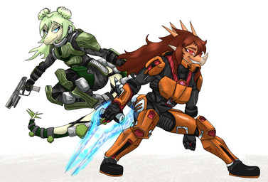 anthro armor blue_eyes brown_hair cosplay crossover_cosplay double_bun duo energy_sword energy_weapon eyelashes facial_horn female green_hair gun hair hair_bun head_spikes holding_gun holding_object holding_ranged_weapon holding_weapon horn long_hair long_tail melee_weapon multicolored_body multicolored_scales nose_horn orange_body orange_scales ranged_weapon red_eyes scales smile snout space_marine spiked_tail spikes spikes_(anatomy) sword tail tan_body tan_scales teeth two_tone_body two_tone_scales weapon yellow_body yellow_scales purplekatsnek cavemanon_studios goodbye_volcano_high halo_(series) ko_op_(game_developer) microsoft snoot_game xbox_game_studios rosa_(gvh) stella_(gvh_beta) aquilops ceratopsian dinosaur marginocephalian ornithischian prehistoric_species reptile scalie stegosaurian stegosaurus thyreophoran 2024 crossover