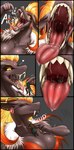 5_panel_comic anthro bodily_fluids drooling extreme_size_difference eyes_closed female green_background group macro male male/female micro mouth_shot open_mouth saliva saliva_on_tongue saliva_string sharp_teeth simple_background size_difference swallowing teeth tongue tongue_out trio vore allsonwa mythology dragon human humanoid mammal mythological_creature mythological_scalie scalie comic hi_res