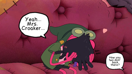 anthro archie_(amphibia) bestiality blush erection feral genitals hug kissing male male/male offscreen_character penis unknown_artist amphibia_(series) disney sprig_plantar amphibian arachnid arthropod frog spider