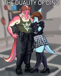 anthro anthro_on_anthro armwear big_butt biped black_bottomwear black_clothing black_legwear black_pants black_shirt black_thigh_highs black_topwear blurred_background bone_frill bottomwear brown_hair butt cellphone clothed clothed_anthro clothed_male clothing crossdressing duo elbow_gloves electronics eyes_mostly_closed eyewear femboy fingerless_gloves fingers footwear frill_(anatomy) front_view glasses gloves green_clothing green_eyes green_shirt green_tank_top green_topwear grey_bottomwear grey_clothing grey_skirt hair hand_on_hip handwear high_heels holding_cellphone holding_object holding_phone holding_smartphone humanoid_hands interspecies legwear long_tail looking_at_object looking_at_phone looking_down male male/male markings medium_hair muscular muscular_anthro muscular_male narrowed_eyes pants pecs phone pink_body pink_scales purple_eyes round_glasses scales shadow shirt shoes short_hair skirt smartphone spiked_tail spikes spikes_(anatomy) standing striped_markings stripes tail tan_body tan_scales tank_top text thigh_highs topwear dannoartista cavemanon_studios i_wani_hug_that_gator benjamin_mcknight damien_payne dilophosaurid dinosaur hadrosaurid hybrid ornithischian ornithopod parasaurolophus prehistoric_species reptile scalie spinosaurid spinosaurus theropod 2025 absurd_res artist_name colored english_text hi_res shaded spanish_description