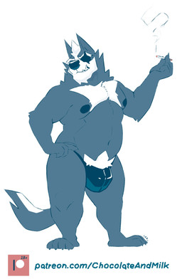 anthro black_clothing black_nipples black_nose black_underwear briefs bulge chin_tuft cigarette clothed clothing eye_patch eyewear facial_tuft front_view fur grey_body grey_ears grey_fur grey_tail grin hair hand_on_hip holding_cigarette holding_object male male_anthro navel neck_tuft nipples overweight overweight_anthro overweight_male pubes short_hair simple_background smile smoke solo standing tail text topless tuft underwear white_background white_hair white_pubes white_tail chocolateandmilk nintendo star_fox wolf_o'donnell canid canine canis mammal wolf full-length_portrait hi_res portrait url