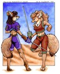 2002 anthro canid canine clothing duo ear_piercing ear_ring female holding_melee_weapon holding_object holding_weapon mammal melee_weapon piercing ring_piercing signature sword weapon xianjaguar