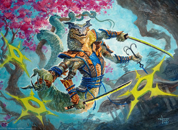 4_arms anthro apode armor belt cherry_blossom claws detailed_background dutch_angle flower green_body green_scales holding_melee_weapon holding_object holding_sword holding_weapon legless looking_at_viewer male melee_weapon multi_arm multi_limb plant prunus_(flower) ranged_weapon scales serpentine shuriken solo sword temple tree weapon svetlin_velinov hasbro magic:_the_gathering wizards_of_the_coast draconcopode naga 2021 official_art traditional_media_(artwork)
