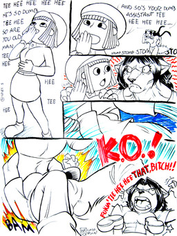 angry anthro beret black_eyes black_hair black_nose bottomwear breasts butt claws clock clothed clothing dreadlocks duo ellipsis exclamation_point eyebrow_through_hair eyebrows eyelashes fangs female fight_message fully_clothed hair hat headgear headwear k.o. laugh long_hair open_mouth profanity simple_background skirt speech_bubble star surprised teeth text translucent translucent_hair watch white_background max_blackrabbit level-5 professor_layton_(series) spunky_(spunky) canid canine canis human mammal wolf 2010 comic english_text signature traditional_media_(artwork)