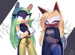 anthro blonde_hair blue_eyes bracelet breasts brown_body cloak clothing countershade_face countershading crossed_arms digit_ring duo ear_piercing ear_ring eyelashes facial_markings female finger_ring forked_tail glistening gloves green_eyes green_hair hair handwear head_markings jewelry markings mask_(marking) one_eye_closed open_mouth piercing ring_piercing studded_bracelet studded_jewelry studs tail tan_body unusual_anatomy unusual_tail wink kazuna_endi idw_publishing sega sonic_the_hedgehog_(comics) sonic_the_hedgehog_(idw) sonic_the_hedgehog_(series) surge_the_tenrec whisper_the_wolf afrosoricid canid canine canis mammal tenrec wolf 2025 hi_res