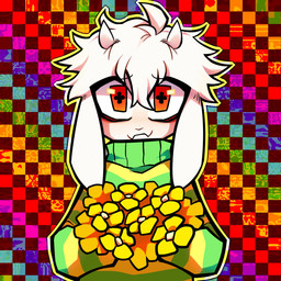 2_horns ambiguous_gender anthro bangs clothing fangs floppy_ears flower fur green_clothing green_sweater green_topwear horn markings pattern_clothing pattern_sweater pattern_topwear plant pupils solo striped_clothing striped_markings striped_sweater striped_topwear stripes sweater teeth toony topwear turtleneck unusual_pupils white_body white_fur y2k_(graphic_design) g4cruf0 undertale undertale_(series) asriel_dreemurr bovid caprine goat mammal 1:1 colorful_theme hi_res