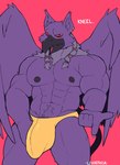 abs anthro areola barazoku beak biceps biped bulge clothed clothing command dialogue feathered_wings feathers fur hair jockstrap jockstrap_only looking_at_viewer male male_anthro monotone_body muscular muscular_anthro muscular_male nipples non-mammal_nipples pecs purple_body purple_feathers red_background red_eyes red_sclera simple_background solo standing talking_to_viewer text topless underwear underwear_only wings leviapanda mythology neopets lord_kass avian darigan_neopet eyrie_(neopets) gryphon mythological_avian mythological_creature neopet_(species) 2023 colored digital_drawing_(artwork) digital_media_(artwork) english_text hi_res