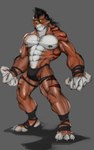 bulge clothed clothing fangs male muscular muscular_male nipple_piercing nipples partially_clothed piercing solo striped_body stripes teeth underwear dagantfus_(artist) ben_10 cartoon_network rath_(ben_10) alien appoplexian felid humanoid mammal hi_res