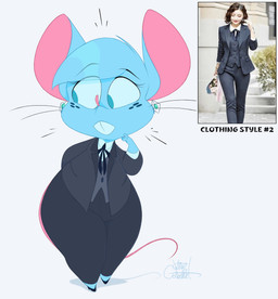 anthro bangs blue_body blue_eyes blue_hair buckteeth clothing ear_piercing female formal_clothing formal_wear freckles hair piercing solo tail teeth text thick_thighs translucent translucent_hair whiskers wide_hips silentjack mia_mouse mammal mouse murid murine rodent english_text hi_res reference_image signature