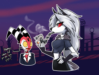 anthro duo female male questioning smoke smoke_from_mouth smoking smoking_pipe gndthr323 hellaverse helluva_boss mythology blitzo_(helluva_boss) loona_(helluva_boss) canid canid_demon canine demon hellhound imp mammal mythological_canine mythological_creature hi_res