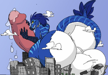 anthro backsack balls big_balls big_butt big_penis bodily_fluids building building_destruction butt destruction genital_fluids genitals glans huge_balls huge_butt huge_penis humanoid_genitalia humanoid_penis hyper hyper_balls hyper_butt hyper_genitalia hyper_penis looking_back macro male penis perineum precum solo hornyaxolotl ostro_the_utahraptor dinosaur dromaeosaurid prehistoric_species reptile saurischian scalie theropod utahraptor
