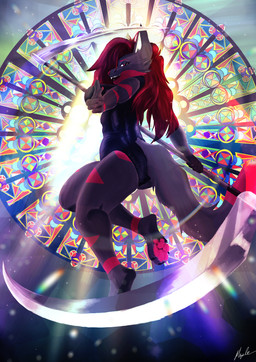 anthro bodysuit clothing crystal female glass latex light melee_weapon polearm rainbow scythe skinsuit solo stained stained_glass sunlight tight_clothing weapon itsmapledoe reaper_(reaper-the-fox) canid canine fox mammal absurd_res hi_res