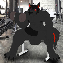 abs anthro balls biceps big_balls big_penis black_body black_fur black_hair black_penis claws digitigrade exercise foreskin fur genitals hair male muscular nude pecs penis red_eyes smile smirk solo weightlifting workout zi0808 alexzandr_sokolov canid canine canis mammal wolf 1:1 hi_res