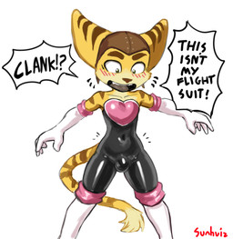 anthro balls_outline blush bodysuit bulge clothed clothing crossdressing detailed_bulge embarrassed exposed_shoulder femboy genital_outline male penis_outline simple_background skinsuit solo tight_clothing white_background sunhuiz ratchet_and_clank sega sonic_the_hedgehog_(series) sony_corporation sony_interactive_entertainment ratchet_(ratchet_and_clank) rouge_the_bat lombax mammal absurd_res crossover hi_res