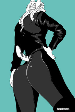 anthro big_butt bottomwear breasts butt butt_focus claws clothing female finger_claws furgonomic_pants furgonomics hair half-closed_eyes hand_on_hip jacket leather leather_bottomwear leather_clothing leather_jacket leather_pants leather_topwear long_hair looking_at_viewer looking_back looking_down low-angle_view narrowed_eyes pants simple_background solo tail teal_background thick_thighs tight_clothing topwear iwatobineko the_invisible_man_and_his_soon-to-be_wife luna_jarashi bobcat felid feline lynx mammal 2023 2:3 greyscale hi_res monochrome official_art