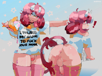 anus backsack balls bottomwear butt circumcised clothing cowbell_collar dessert exclamation_point femboy food genitals gradient_background hair horn humanoid_genitalia humanoid_penis ice_cream legwear looking_at_viewer male male_humanoid penis perineum pink_hair presenting presenting_hindquarters red_eyes shirt simple_background solo tail text text_on_clothing text_on_shirt text_on_topwear thigh_highs tongue topwear boobataro boobataro_(boobataro) animal_humanoid bovid bovid_humanoid bovine bovine_humanoid cattle_humanoid humanoid mammal mammal_humanoid 2026 4:3 digital_media_(artwork) digital_painting_(artwork) hi_res painting_(artwork)