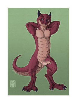 3_toes balls bodily_fluids border fangs feet flexing flexing_bicep flexing_both_biceps foreskin genital_fluids genitals horn humanoid_genitalia looking_down male pecs penis precum red_body simple_background smile solo standing tail teeth toes white_border garo_(artist) kobold scalie 2026 3:4 absurd_res colored hi_res line_art shaded signature