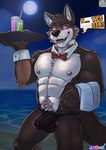 anthro beach black_leather body_hair bow_tie bulge clothing happy_trail jockstrap male muscular nipples pubes public public_nudity solo underwear waiter bashbl-ux canid canine canis mammal wolf hi_res