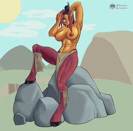 big_breasts bottomwear breasts brown_body brown_skin clothed clothing female goat_legs hair hooves horn loincloth muscular muscular_female muscular_humanoid nipples solo topless tribal fourssss cyclops humanoid satyr hi_res