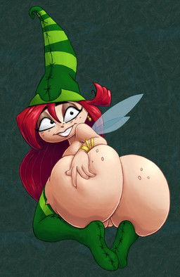 big_butt black_eyes bracelet butt clothing eyelashes female freckled_butt freckled_face freckles genitals green_background green_clothing green_hat green_headwear green_legwear green_thigh_highs hair hat headgear headwear huge_butt insect_wings jewelry kneeling legwear long_hair looking_at_viewer looking_back looking_back_at_viewer mostly_nude pattern_clothing pattern_hat pattern_headgear pattern_headwear rear_view red_hair simple_background smile solo striped_clothing striped_hat striped_headgear striped_headwear stripes thick_thighs thigh_highs vulva wide_hips wings jigglytoons rayman_(series) ubisoft betilla fairy humanoid nymph winged_humanoid absurd_res hi_res