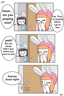 anthro blue_clothing blue_pajamas brown_hair clothing dialogue door duo eyelashes female hair kneeling male orange_hair pajamas pink_clothing pink_pajamas praying_hands short_tail speech_bubble tail text tonytoran tina_(tonytoran) tony_(tonytoran) chinchilla chinchillid lagomorph leporid mammal rabbit rodent 2:3 comic hi_res