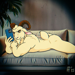 2_horns anthro brown_eyebrows brown_eyes brown_horn butt cellphone chin_tuft electronics eyebrows facial_tuft fur fur_tuft furniture holding_cellphone holding_object holding_phone holding_smartphone horn looking_at_cellphone looking_at_object looking_at_phone lying male mouth_closed nude_anthro nude_male on_front on_sofa phone pink_inner_ear short_tail smartphone sofa solo tail tuft fabfelipe bovid caprine goat mammal 1:1 2025 digital_drawing_(artwork) digital_media_(artwork) hi_res