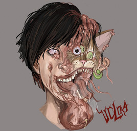 body_horror duo female fusion gore green_eyes grey_background horror_(theme) lips open_mouth simple_background nekromamtik domestic_cat felid feline felis human mammal 2024 headshot_portrait portrait