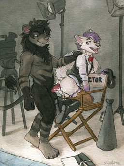 anal anal_penetration anal_tugging anthro anthro_on_anthro anus balls black_body black_fur black_mane bodily_fluids bow_(feature) bow_tie butt camera clothed clothed/nude clothed_anthro clothed_male clothing clothing_aside cum cum_in_ass cum_inside cum_on_butt cum_on_penis duo fur genital_fluids genitals grey_body grey_fur hair leaking_cum male male/male male_penetrated male_penetrating male_penetrating_male mane nipples nude nude_anthro nude_male partial_nudity penetration penis purple_body purple_fur purple_hair sex tongue tongue_out white_body white_fur sicklyhypnos leo_(darkleo18) canid canine felid lion mammal pantherine hi_res painting_(artwork) traditional_media_(artwork) traditional_painting_(artwork) traditional_watercolor_(artwork) watercolor_(artwork)