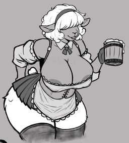 alcohol anthro areola beer beverage big_breasts bottomwear breasts clothing corset curvy_figure dark_body dark_skin female fluffy fluffy_tail freckled_breasts freckles fur legwear lingerie medieval_clothing skirt slightly_chubby slightly_chubby_female solo stockings tail thick_thighs topwear white_body white_fur wide_hips wool_(fur) chill_chichik fan_character susie_(chill_chichik) bovid caprine mammal sheep hi_res sketch