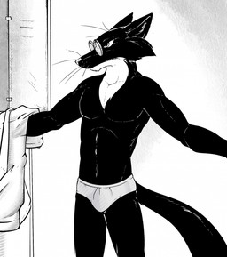 annoyed anthro athletic athletic_male black_body black_fur black_tail briefs briefs_only bulge cheek_tuft clenched_teeth clothed clothing countershade_neck countershading dressing eyewear facial_tuft fur glasses inner_ear_fluff locker locker_room male multicolored_body multicolored_fur pince-nez solo standing tail teeth topless topless_male tuft two_tone_body two_tone_fur underwear underwear_only whiskers white_body white_fur illegaleel jack_salem gulonine mammal marten mustelid musteline sable_(marten) black_and_white hi_res monochrome