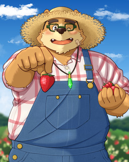 anthro blush clothing eyewear food fruit glasses hat headgear headwear kemono male one_eye_closed open_mouth overalls overweight overweight_male plant shirt solo standing straw_hat strawberry topwear wink yaki_atsuage lifewonders tokyo_afterschool_summoners volos_(tas) bear mammal 2026 4:5 absurd_res hi_res