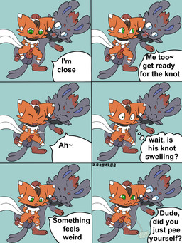 balls blush bodily_fluids cum cum_while_penetrated duo feral genital_fluids genitals knot male male/male peeing_while_penetrated penetration penile_spines penis sex speech_bubble text urine watersports zoroak88 nintendo pokemon canid canine eeveelution felid feline generation_5_pokemon generation_6_pokemon hybrid mammal meowstic meowstic_(male) pokemon_(species) sylveon zorua 3:4 absurd_res comic english_text hi_res