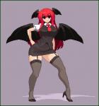 absolute_territory border bottomwear clothed clothing female footwear garter_straps hair head_wings high_heels legwear long_hair membrane_(anatomy) membranous_wings miniskirt necktie not_furry red_eyes red_hair shoes skirt smile solo stockings suit thigh_highs transparent_border unusual_wing_placement wings takorin touhou koakuma demon humanoid alpha_channel digital_media_(artwork) low_res pixel_(artwork)