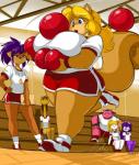 anthro big_breasts black_hair bleachers blonde_hair blue_eyes breasts brown_body brown_eyes brown_fur brown_hair clothed clothing dodgeball eyewear female fully_clothed fur glasses group gym gymnasium hair huge_breasts purple_body purple_fur purple_hair tan_body tan_fur teeth whistle_(object) white_body white_fur yellow_body yellow_fur shonuff sweetcorn woodly canid canine common_hippopotamus deer fox giraffe giraffid hippopotamid mammal mouse murid murine rodent sciurid tree_squirrel 2014 hi_res