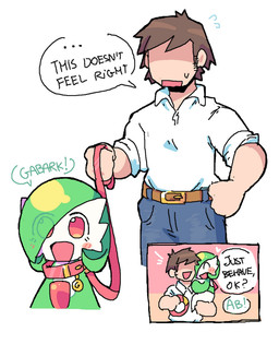 collar duo female humanoid_pointy_ears leash male male_human not_furry open_mouth open_smile pointy_ears simple_background size_difference smile white_background melfunnysmell nintendo pokemon gaba_(melfunnysmell) gardevoir generation_3_pokemon human humanoid mammal pokemon_(species) hi_res