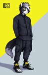 anthro black_body black_bottomwear black_clothing black_fur black_jacket black_pants black_topwear bottomwear clothed clothed_male clothing countershading dipstick_tail footwear fully_clothed fully_clothed_male fur hair hand_in_pocket jacket looking_at_viewer male markings mouth_closed pants pockets shoes simple_background solo spots spotted_markings spotted_nose spotted_tail standing straps streetwear tail tail_markings techwear three-quarter_view topwear whisker_spots white_body white_fur white_hair yellow_eyes zipper d3mo kola_(kolakuu) canid canine fox mammal 2020 hi_res signature