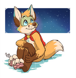 anthro blue_eyes brown_body brown_fur closed_smile eyewear fur gloves_(marking) goggles leg_markings looking_up male markings mouth_closed nude orange_body orange_fur pawpads pink_pawpads sitting smile socks_(marking) solo star young young_anthro young_male pandapaco canid canine fox mammal