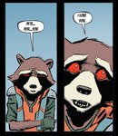 anthro black_nose blue_background brown_body brown_fur close-up clothing comic_panel confession dialogue emotional eyebrows fingerless_gloves fur gloves hand_on_arm handwear jacket love male nervous open_mouth red_eyes shy simple_background solo speech_bubble stuttering teeth text topwear unknown_artist guardians_of_the_galaxy marvel rocket_raccoon mammal procyonid raccoon english_text