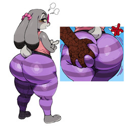 anthro barefoot big_butt blush bottomwear butt butt_grab butt_jiggle clothed clothed_anthro clothed_female clothing cross-popping_vein deep_skin disembodied_hand eyebrows eyewear feet female female_anthro fingers glasses grey_ears hand_on_butt huge_butt huge_thighs jiggling long_ears looking_back male male_anthro open_mouth pants pattern_bottomwear pattern_clothing pattern_pants purple_bottomwear purple_clothing purple_pants rear_view scrunchie solo striped_bottomwear striped_clothing striped_pants stripes sunglasses tail thick_thighs three-quarter_view wearing_glasses white_sclera sssonic2 disney zootopia judy_hopps nick_wilde canid canine european_rabbit fox lagomorph leporid mammal oryctolagus rabbit red_fox true_fox 2026 digital_media_(artwork) hi_res