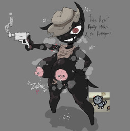 anthro areola big_breasts black_body black_fur bodily_fluids breasts clothing cowboy_hat crossgender dialogue featureless_feet feet female front_view fur genital_fluids genitals grey_background gun hand_on_hip hat headgear headwear holding_gun holding_object holding_ranged_weapon holding_weapon huge_breasts looking_at_viewer missing_tooth nipple_piercing nipples nude piercing pink_areola pink_nipples ranged_weapon red_eyes scarf simple_background smile solo sweat text thick_thighs vaginal_fluids vulva weapon wide_hips dibujobienraro mewgenics zodiac_(mewgenics) domestic_cat felid feline felis mammal hi_res