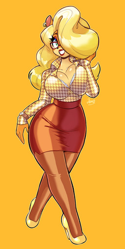 anthro big_breasts bottomwear bra bra_peek breasts cleavage clock clothed clothing ear_piercing ear_ring eyewear female footwear glasses hair hair_over_eye high_heels legwear pantyhose pencil_skirt piercing ring_piercing secretary shoes skirt solo underwear watch wide_hips wristwatch jamoart activision crash_bandicoot_(series) tawna_bandicoot bandicoot mammal marsupial absurd_res hi_res