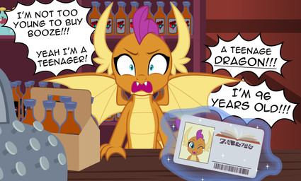 alcohol angry anthro beer beverage blue_eyes cash_register dialogue fangs female glowing horn id_card levitation magic on_model six-pack solo spread_wings teeth text wings badumsquish friendship_is_magic hasbro my_little_pony mythology smolder_(mlp) dragon mythological_creature mythological_scalie scalie english_text hi_res